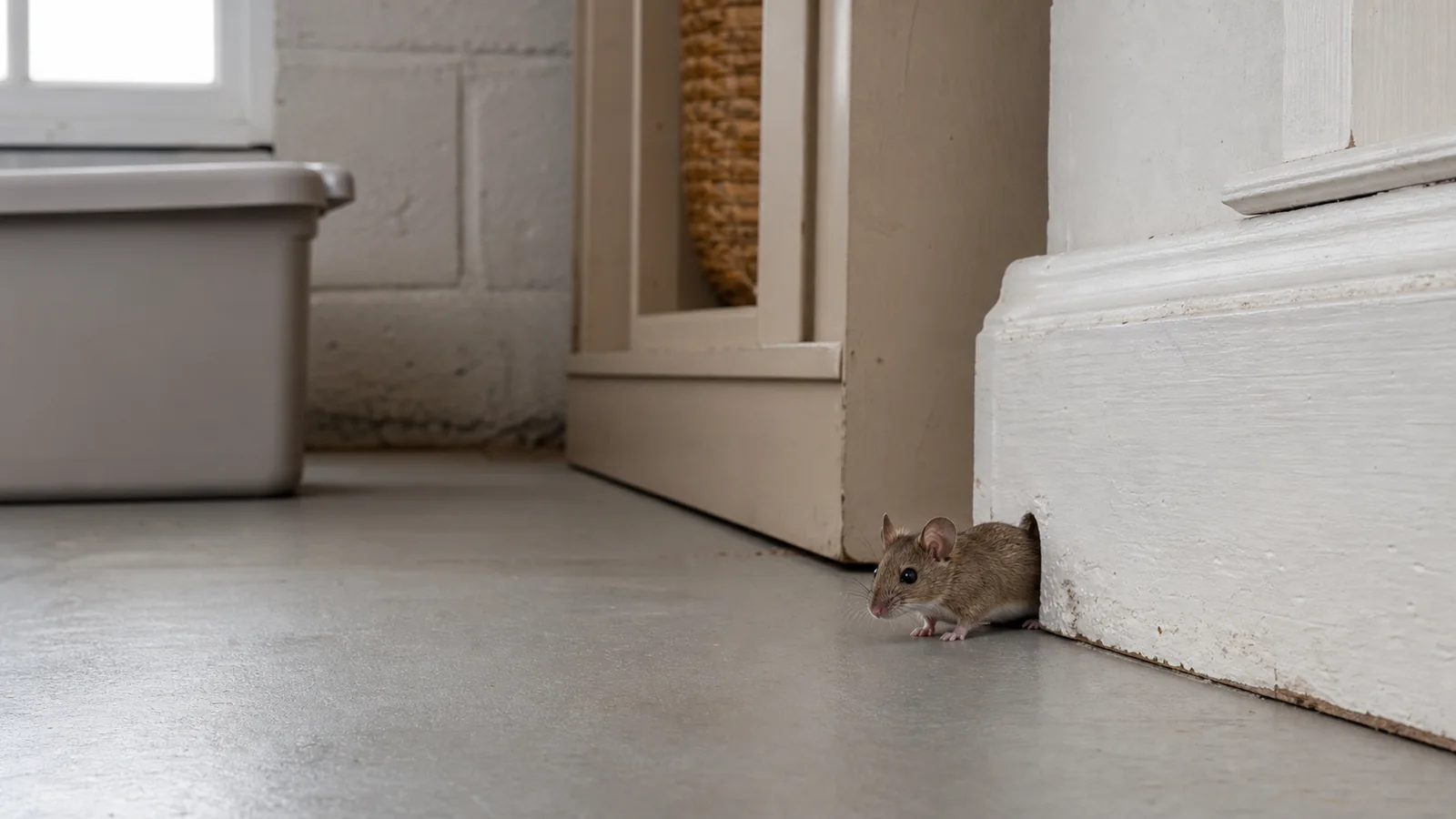 House mouse emerging beside a baseboard in a residential utility room