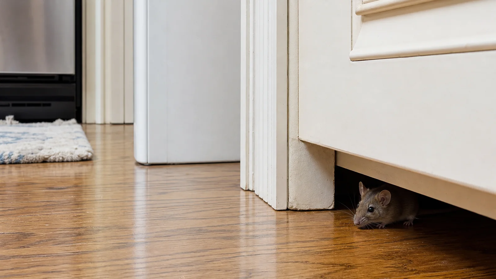 House mouse peeking from beneath a kitchen cabinet toe-kick