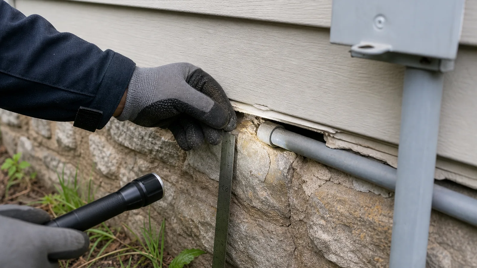 Gloved inspection of a utility-line gap where siding meets a masonry foundation