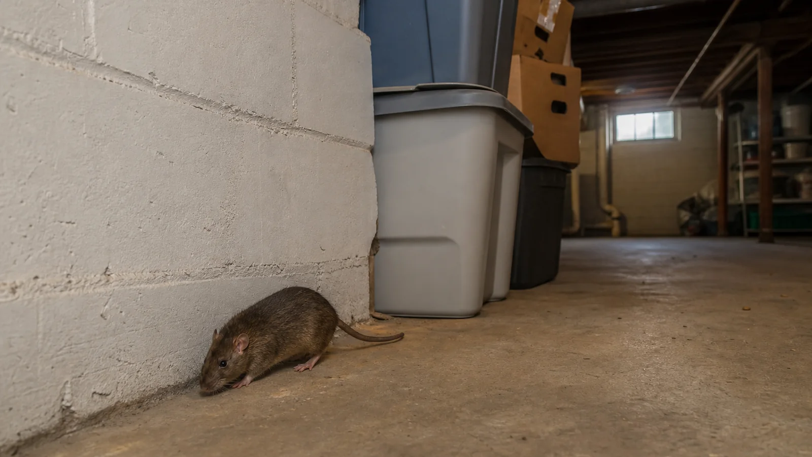 Brown rat following the wall edge in a residential basement with stored bins